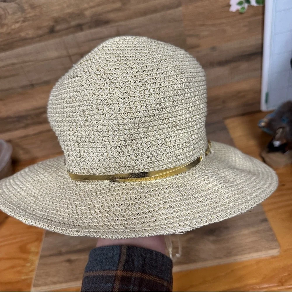 Scala women’s handwoven sun hat gold thread with a buckle trim